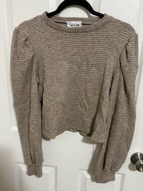 Sadie & Sage Tan Ribbed Puffed Sleeve Crew Neck Crop Top